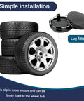 4 Pack Universal Car Wheel Hub Center Caps For Most Cars Black 60mm Outer Diameter 50mm Inner Diameter 0.57 Inch Thick ABS Snap In Rim Caps To Give Your Ride A Slick Dope Look, with tires and illustration of snap-in design