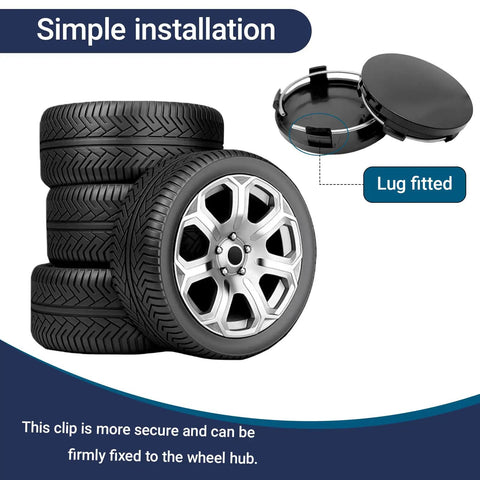 4 Pack Universal Car Wheel Hub Center Caps For Most Cars Black 60mm Outer Diameter 50mm Inner Diameter 0.57 Inch Thick ABS Snap In Rim Caps To Give Your Ride A Slick Dope Look, with tires and illustration of snap-in design