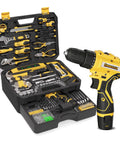 Heavy Duty 299 Piece Tool Kit With 12V Cordless Drill And Spacious Sliding Drawer Case showing tools in a rugged case.