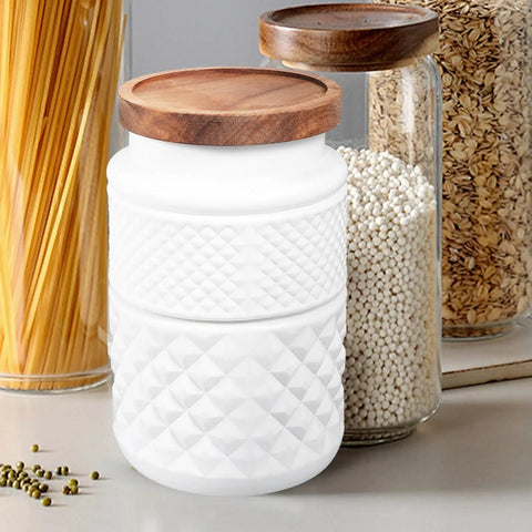 Solid Airtight Glass Food Storage Canisters With Matte White Sealed Lids, tall jar with wood lid for pantry organization.