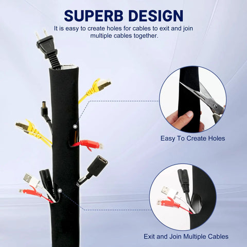 10 Foot Neoprene Cable Sleeve With Hook And Loop Fastening Cuttable 1.5 Inch Diameter Reversible Cord Protector
