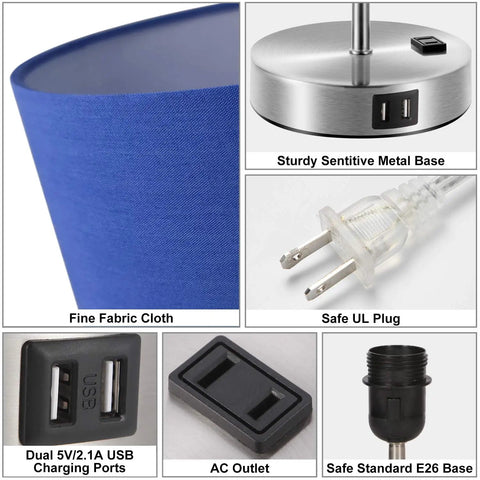 Touch Control Table Lamp Blue Shade Three Way Dimmable Lamp With Two Fast Charging USB Ports And Power Outlet Bedside Nightstand Lamp For Bedroom Living Room Daylight White Bulb Included