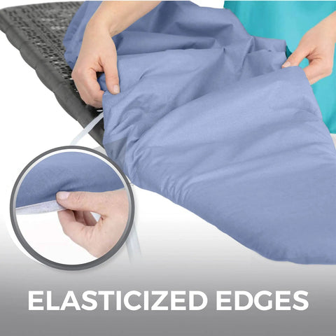 Heavy Duty Ironing Board Cover With Extra Thick Padding And Heat Reflective Silicone Coating Built Tough To Cut Your Chores Down And Keep Clothes Pristine Size 15 By 54 Inches Blue, highlighting elasticized edges.