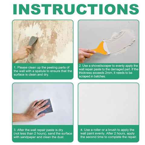 Instructions for using Fast Drying Wall Repair Paste With Scraper For All Surfaces Waterproof Crack Resistant Spackle Quick Fix Sealant.