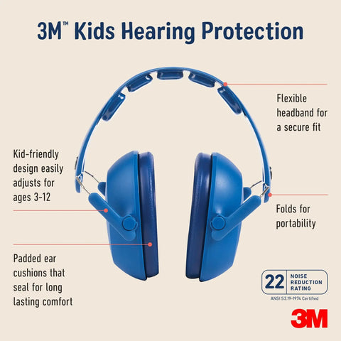 3M kids hearing protection with adjustable headband, folded blue design, 22 dB NRR, padded ear cushions for comfort.