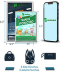Rain Ponchos For The Fam 6 Pack, Extra Thick 0.035mm PE, packaging dimensions compared to smartphone, includes 3 kids, 3 adults ponchos