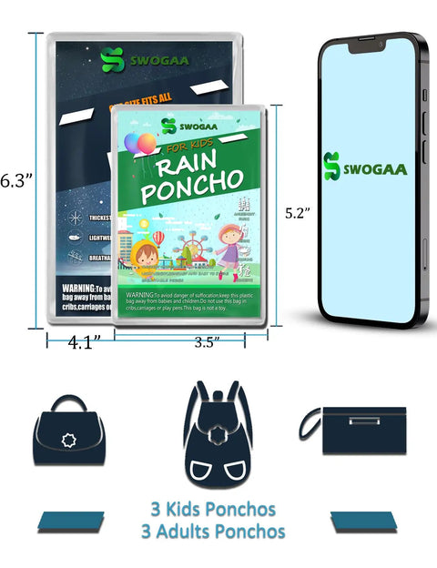 Rain Ponchos For The Fam 6 Pack, Extra Thick 0.035mm PE, packaging dimensions compared to smartphone, includes 3 kids, 3 adults ponchos