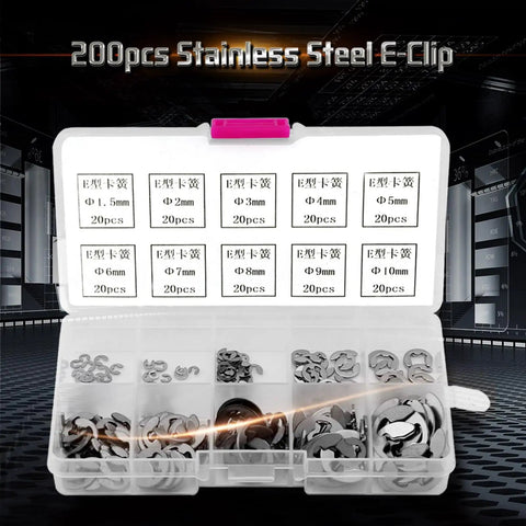E Clip Assortment Kit 200 Pieces Stainless Steel Retaining Rings M1.5 Through M10 showcased in a labeled box