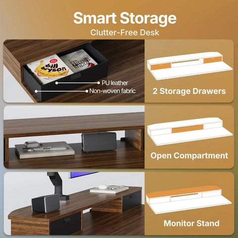 Spacious 40 X 24 Electric Standing Desk With Two Drawers And Hooks, Height Adjustable Computer Workstation C Clamp Mount Home Office Ergonomic Sit Stand Table Walnut showing storage compartments and desk layout.