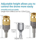 Diagram showing Beefed Up Aluminum Extension Joysticks For DJI RC Controllers, adjustable from 0.98 to 1.22 inches, with original stick comparison.