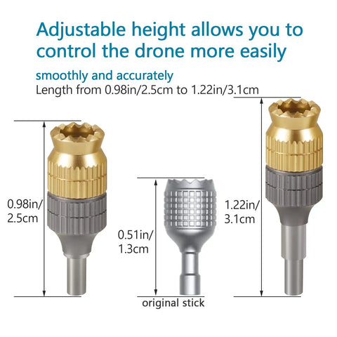 Diagram showing Beefed Up Aluminum Extension Joysticks For DJI RC Controllers, adjustable from 0.98 to 1.22 inches, with original stick comparison.