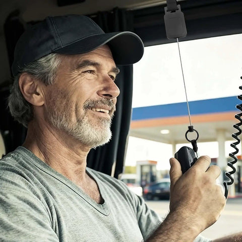 Truck driver using Retractable CB Microphone Holder Kit For Truckers And Cars 2 Pack Adjustable Mic Hook in vehicle cabin