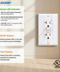 Heavy Hitter Outdoor GfcI Outlet 20 Amp Self Testing Ground Fault Receptacle white faceplate with LED indicators and reset button