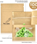 100 Pack Resealable Mini Kraft Bags With Window For Samples showing pea seeds with zip lock closure.