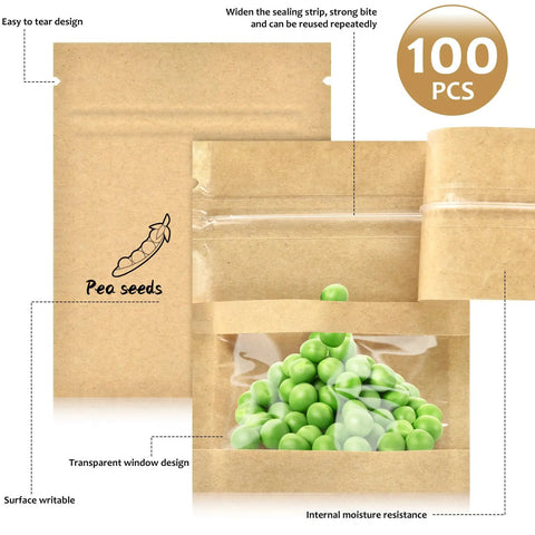 100 Pack Resealable Mini Kraft Bags With Window For Samples showing pea seeds with zip lock closure.