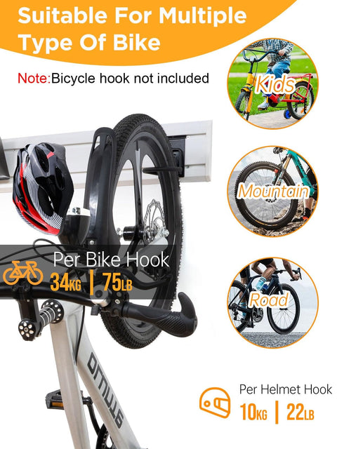 White Slatwall Garage Storage System With Wall Mount Panels, 96 Inch Total, Includes Adjustable Metal Hooks, bike attachment