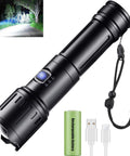 Ultra Bright 990000 Lumen USB Rechargeable Flashlight With Zoomable Beam, battery, charging cable, and lanyard