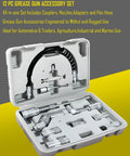 Open carry case displaying Grease Gun Accessory Set 12 Piece With Carrying Case Pro Grade Universal Couplers Nozzles Adapters