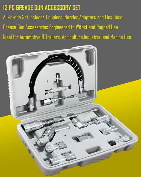 Open carry case displaying Grease Gun Accessory Set 12 Piece With Carrying Case Pro Grade Universal Couplers Nozzles Adapters