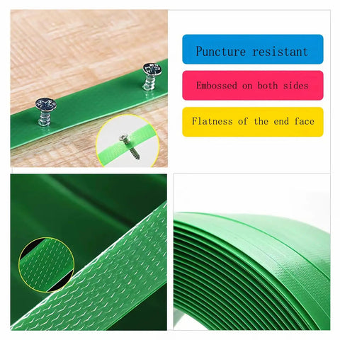 Rock Solid Green Pet Strapping Roll, 1000Ft By 5/8 Inch Wide Heavy Duty Baling Tape showing texture and puncture resistance.