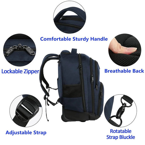Front view of blue MATEIN rolling laptop backpack with multiple compartments and breathable back.