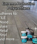 Extreme Protection Water Based Polyurethane Clear Gloss Finish for wood, tile, glass, metal. Containers on wooden floor.