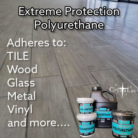 Extreme Protection Water Based Polyurethane Clear Gloss Finish for wood, tile, glass, metal. Containers on wooden floor.