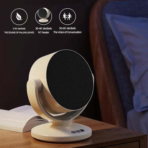 Electric Space Heater And 2 In 1 Fan Combo 1200W Portable Desk Heater with PTC Ceramic, shown on a bedside table for home use.