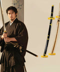 Man holding sword with Tilting Vertical Wall Mount For Katana And Swords Bamboo Display Rack on wall