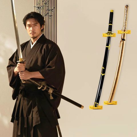 Man holding sword with Tilting Vertical Wall Mount For Katana And Swords Bamboo Display Rack on wall