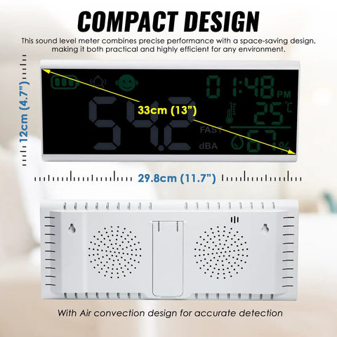 13 Inch Large LCD Decibel Meter With Alarm, 30 To 130dB Range, Wall Hanging Sound Level Gauge For Studio Classroom Home, Temperature And Humidity Display, Color Coded Alerts For Quick Noise Monitoring, front and rear view