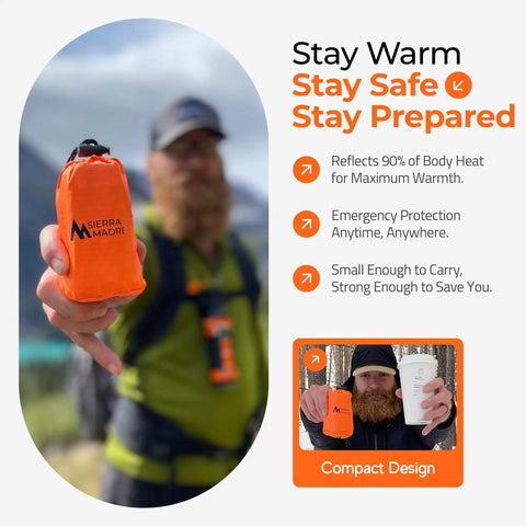 Man holding Ultralight Emergency Sleeping Bag Bivy Sack Waterproof Mylar Thermal Reflective Blanket for Hiking Bug Out Bags