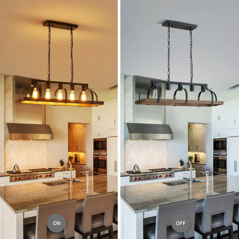 Five Light Metal Chandelier With Imitation Wood Grain Finish illuminating kitchen island.