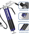Heavy Duty Grease Gun Kit With 6000 PSI Power, 18 Inch Flexible Hose, 2 Fixed Tubes, 3 Nozzles, 14 Oz Load