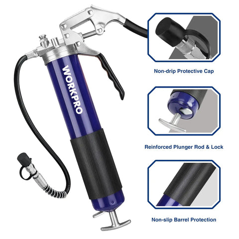 Heavy Duty Grease Gun Kit With 6000 PSI Power, 18 Inch Flexible Hose, 2 Fixed Tubes, 3 Nozzles, 14 Oz Load