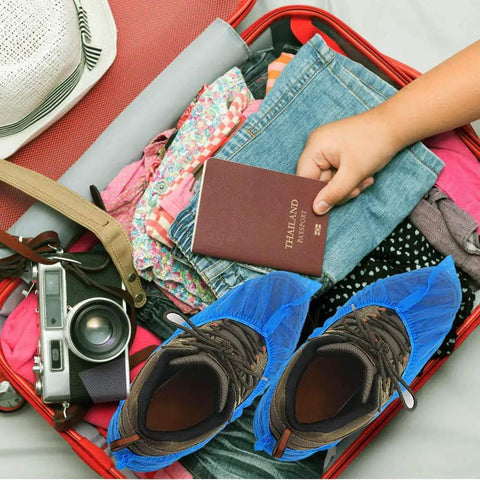 Disposable Shoe Covers 200 Pack (100 Pairs) Waterproof Non Slip Dust Proof Blue Booties for Indoor Use with travel gear in suitcase