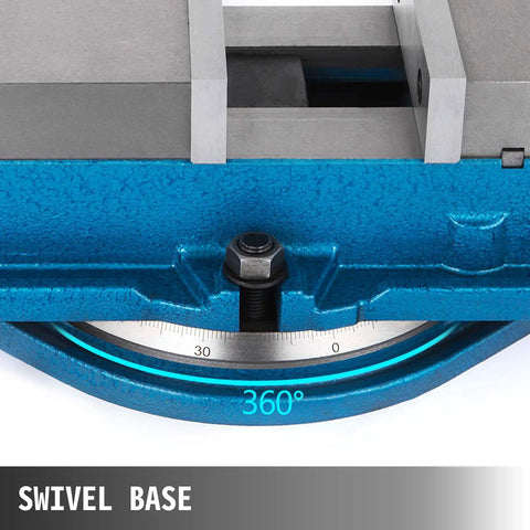 Close-up of Beefy 3 Inch Milling Vise For Bench Clamp, High Precision CNC Vise With 360 Degree Swivel Base mechanic detail.