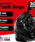 Heavy Duty 42 Gallon Trash Bags 3 Mil Thick Black Contractor Garbage Liners 50 Count in a black bag against a red background