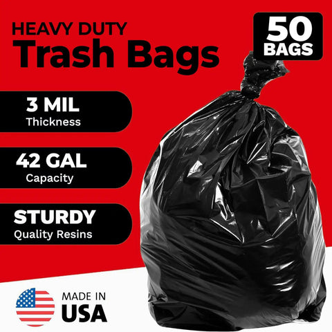 Heavy Duty 42 Gallon Trash Bags 3 Mil Thick Black Contractor Garbage Liners 50 Count in a black bag against a red background