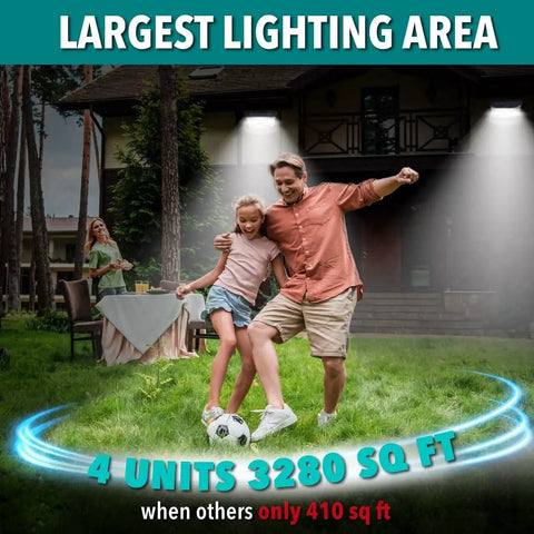 Family playing soccer under Ultra Lit Solar Flood Lights Outdoor 2000 Lumen With 140 Degree Motion Detection And 280 Degree Wide Beam 3280 Sq Ft Coverage 3 Modes 45Ft Motion Sensor Waterproof Garden Deck Lighting 4 Pack