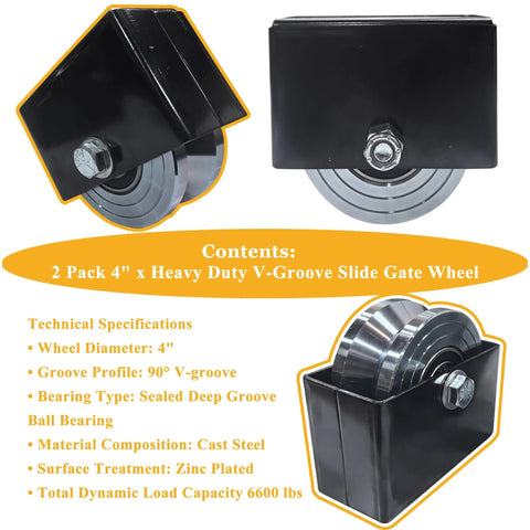 Two Pack 4 Inch V Groove Gate Wheel With Bracket Built For Extreme Load Capacity Up To 6600 Lbs Total Safe Working Load