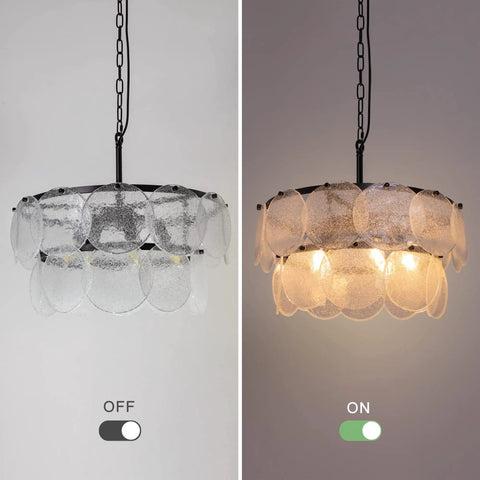 Two-Tier Farmhouse Glass Chandelier With Seeded Glass Shades, modern hanging pendant light, on and off, warm glow style