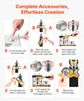 Heavy Hitter 2.25 Button Maker Machine With Solid Steel Mold And Comfort Grip showing step-by-step accessory setup for creating badges.