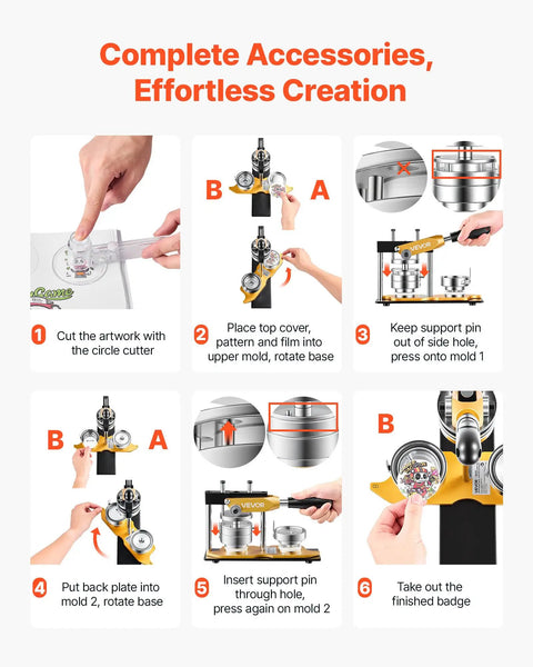 Heavy Hitter 2.25 Button Maker Machine With Solid Steel Mold And Comfort Grip showing step-by-step accessory setup for creating badges.
