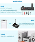 Bluetooth 5.4 Receiver For Home Stereo And RCA Speakers, device with AUX and USB interface shown paired with phone and speakers