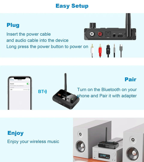 Bluetooth 5.4 Receiver For Home Stereo And RCA Speakers, device with AUX and USB interface shown paired with phone and speakers