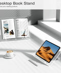 Clear Acrylic Book Stand With Adjustable Angle, Foldable Cookbook And Laptop Display Holder in use with magazine and tablet