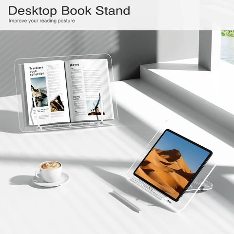 Clear Acrylic Book Stand With Adjustable Angle, Foldable Cookbook And Laptop Display Holder in use with magazine and tablet