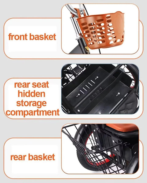 Cruise Ready Three Wheel Tricycle For Travel With Rear Passenger Seat Pedal Rickshaw Style Trike baskets and storage compartments