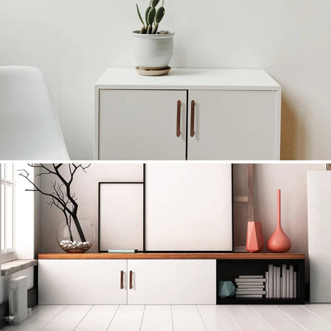Dark Walnut Solid Wood Cabinet Pulls 2 Pack for cabinets, easy to install, visible on white cabinet doors, modern style, natural look.